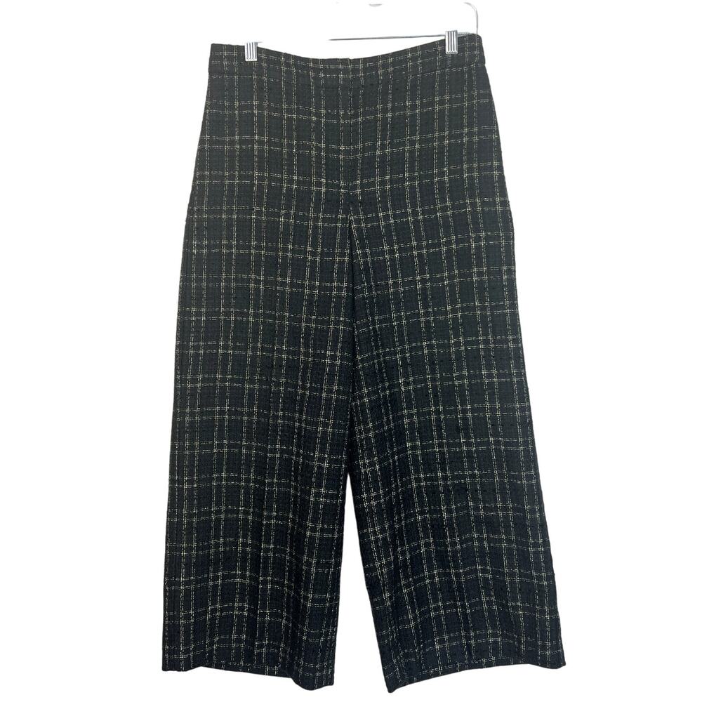 Ann Taylor The Marina Black w/ Gold Plaid High Rise Wide Leg Crop Pants Size 4